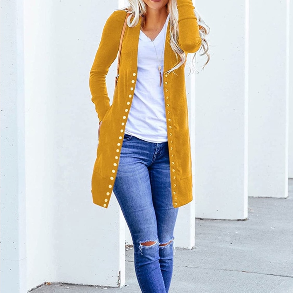 Long Cardigan - Mustard Button Down